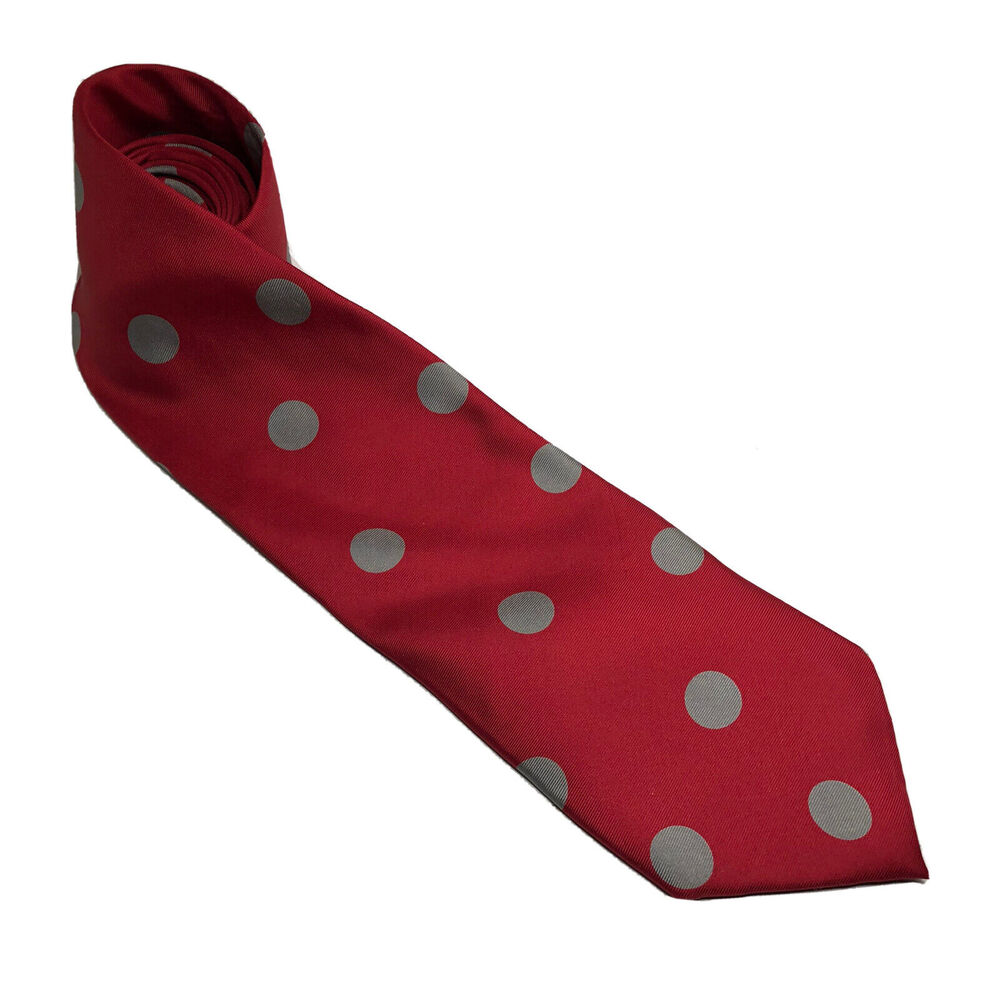 RED SILK Tie Gray Dots ISAAC ZELCER 100% Silk New Standard W3.5 x L60" Polkadot